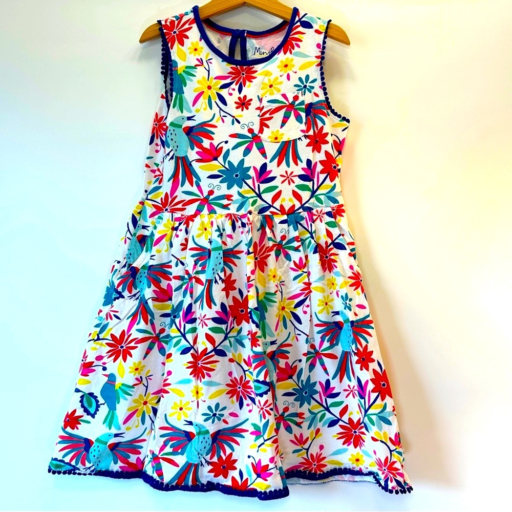Mini‎ Boden 9-10Y Holiday Cotton Tank Dress Tropical Birds Flowers Pockets